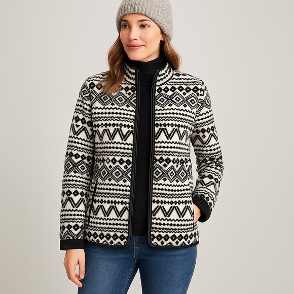 Talbots Jackets & Blazers - Talbots Women Black White Fair Isle Fleece Zip Jacket L Nordic Skiwear Wintercre